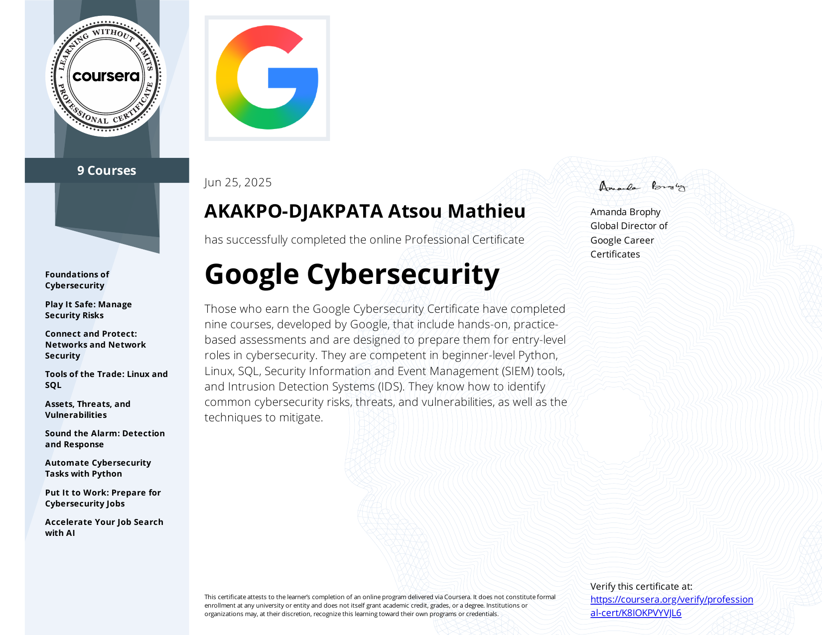 Badge officiel Google Cybersecurity Certificate