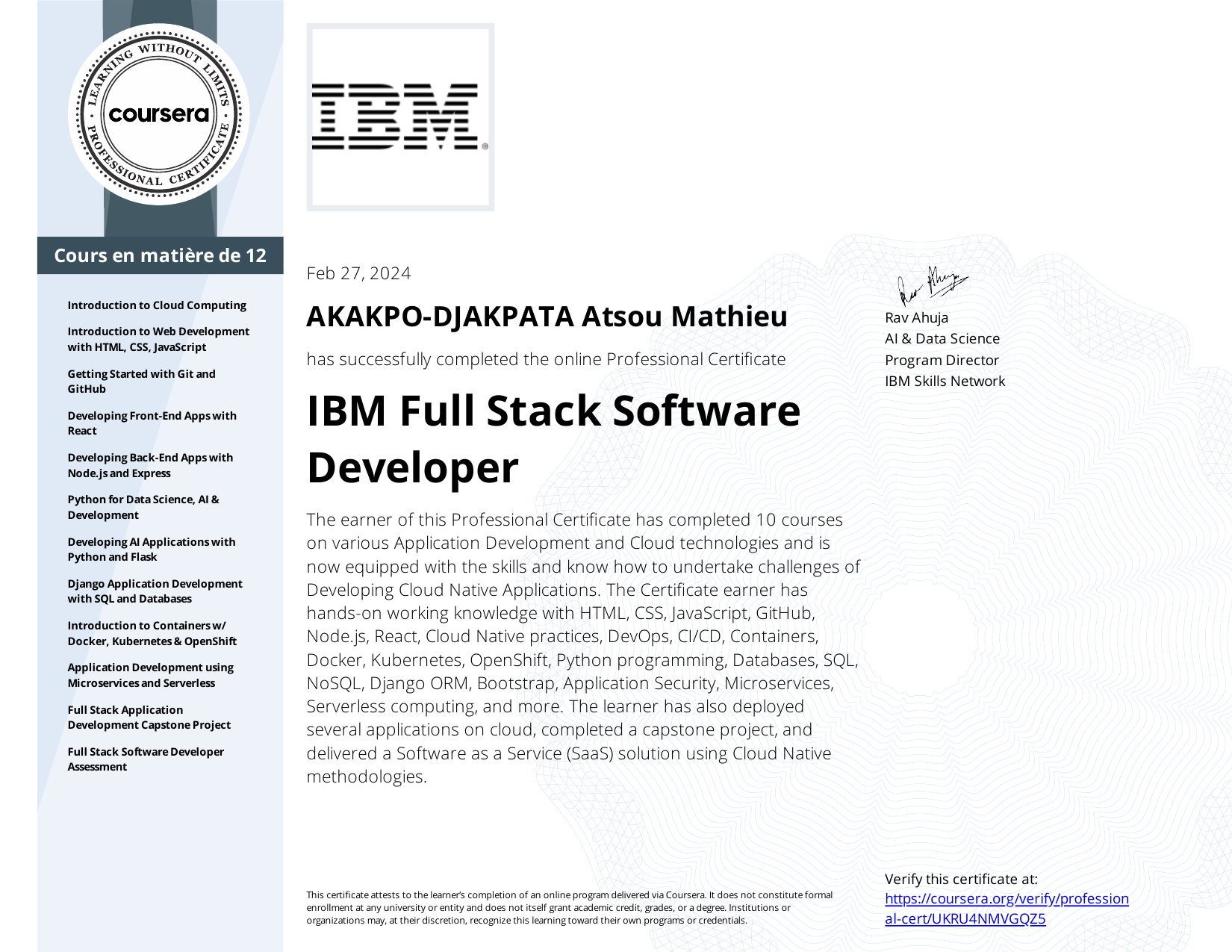 Badge officiel IBM Full Stack Software Developer